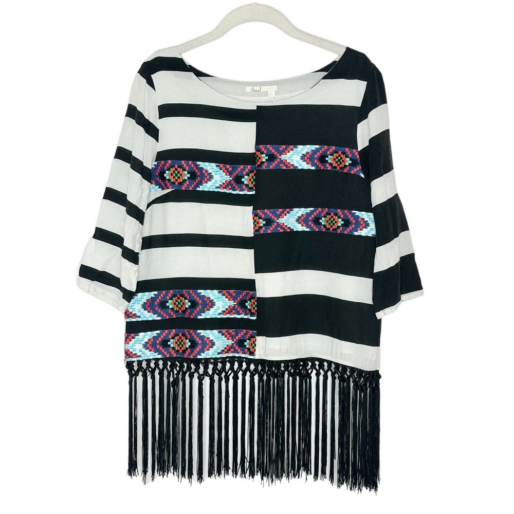 Floreat Anthropologie Fringed Latitudes Striped Tribal Embroidered Blouse Sz S